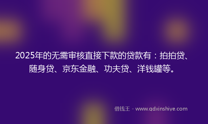 2025年的无需审核直接下款的贷款有：拍拍贷、随身贷、京东金融、功夫贷、洋钱罐等。