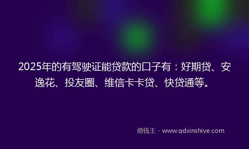 2025年的有驾驶证能贷款的口子有：好期贷、安逸花、投友圈、维信卡卡贷、快贷通等。