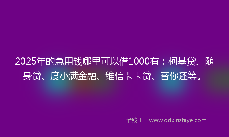 2025年的急用钱哪里可以借1000有：柯基贷、随身贷、度小满金融、维信卡卡贷、替你还等。
