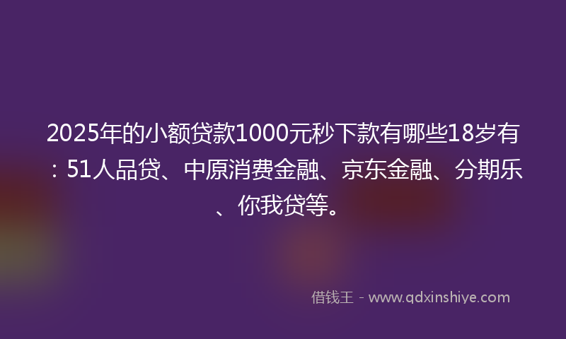 2025年的小额贷款1000元秒下款有哪些18岁有：51人品贷、中原消费金融、京东金融、分期乐、你我贷等。