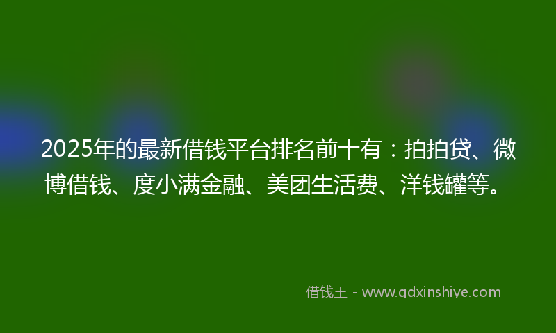 2025年的最新借钱平台排名前十有：拍拍贷、微博借钱、度小满金融、美团生活费、洋钱罐等。