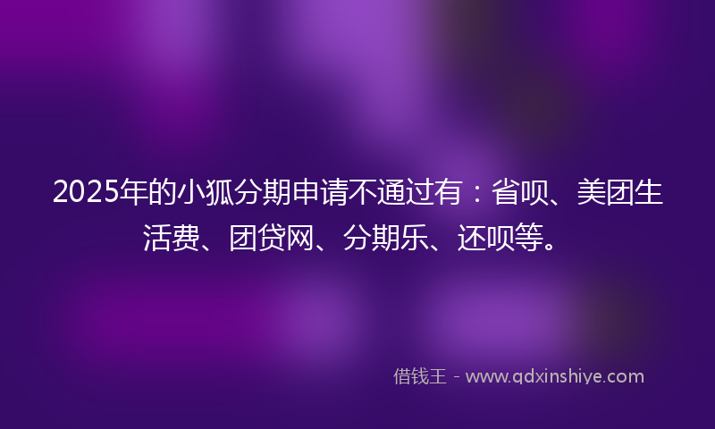 2025年的小狐分期申请不通过有：省呗、美团生活费、团贷网、分期乐、还呗等。
