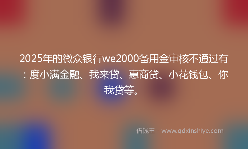 2025年的微众银行we2000备用金审核不通过有：度小满金融、我来贷、惠商贷、小花钱包、你我贷等。