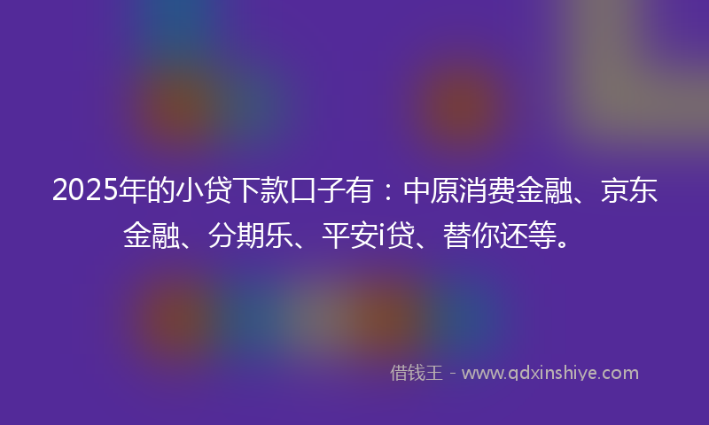 2025年的小贷下款口子有：中原消费金融、京东金融、分期乐、平安i贷、替你还等。
