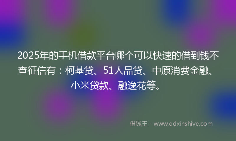 2025年的手机借款平台哪个可以快速的借到钱不查征信有：柯基贷、51人品贷、中原消费金融、小米贷款、融逸花等。