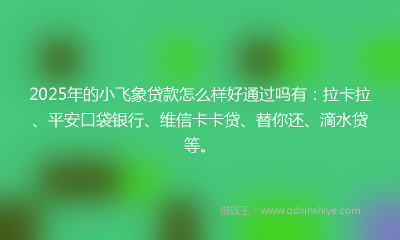 2025年的小飞象贷款怎么样好通过吗有：拉卡拉、平安口袋银行、维信卡卡贷、替你还、滴水贷等。