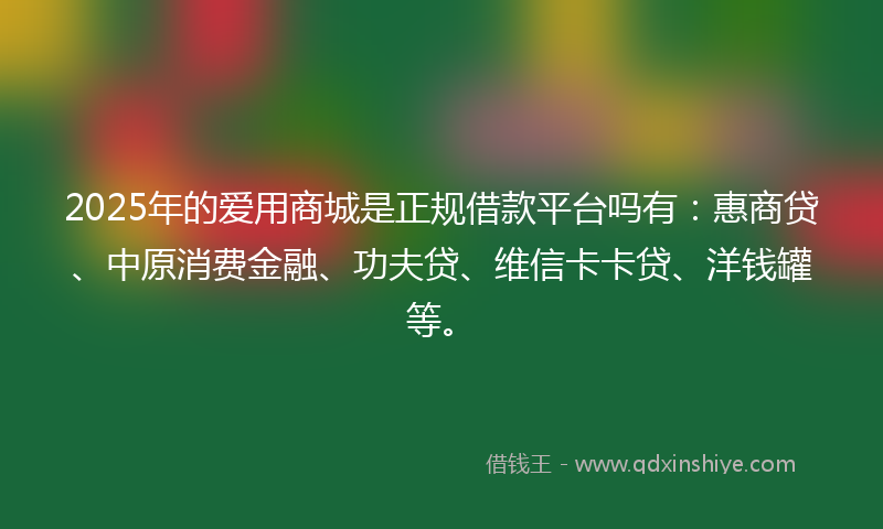 2025年的爱用商城是正规借款平台吗有：惠商贷、中原消费金融、功夫贷、维信卡卡贷、洋钱罐等。