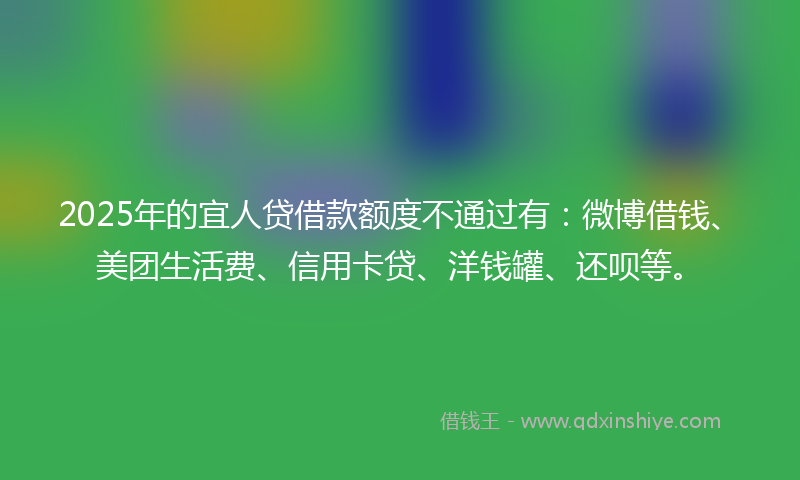 2025年的宜人贷借款额度不通过有：微博借钱、美团生活费、信用卡贷、洋钱罐、还呗等。