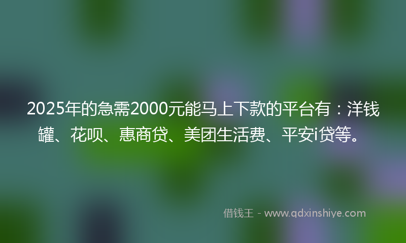 2025年的急需2000元能马上下款的平台有:洋钱罐、花呗、惠商贷、美团生活费、平安i贷等。