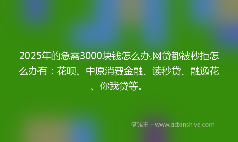2025年的急需3000块钱怎么办,网贷都被秒拒怎么办有：花呗、中原消费金融、读秒贷、融逸花、你我贷等。