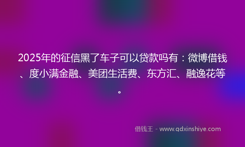 2025年的征信黑了车子可以贷款吗有：微博借钱、度小满金融、美团生活费、东方汇、融逸花等。