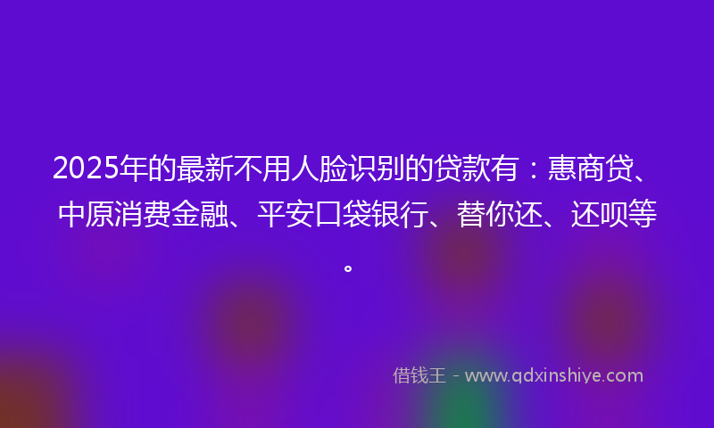 2025年的最新不用人脸识别的贷款有：惠商贷、中原消费金融、平安口袋银行、替你还、还呗等。