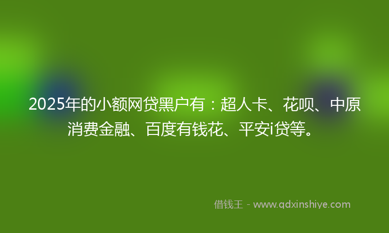 2025年的小额网贷黑户有：超人卡、花呗、中原消费金融、百度有钱花、平安i贷等。