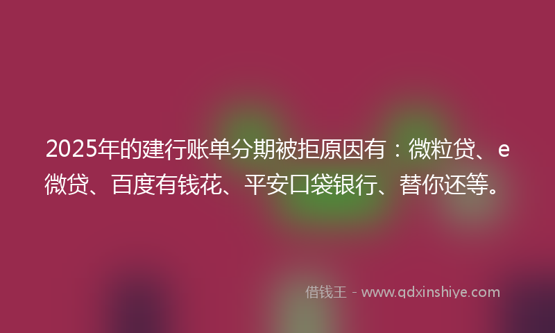 2025年的建行账单分期被拒原因有：微粒贷、e微贷、百度有钱花、平安口袋银行、替你还等。