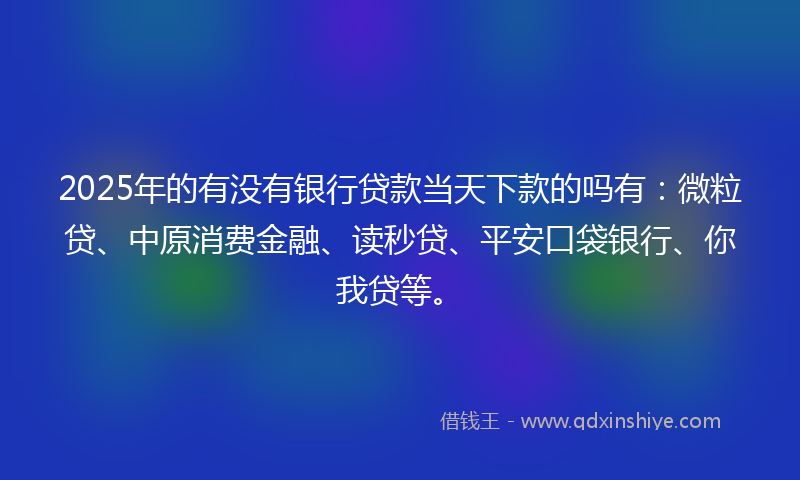 2025年的有没有银行贷款当天下款的吗有：微粒贷、中原消费金融、读秒贷、平安口袋银行、你我贷等。