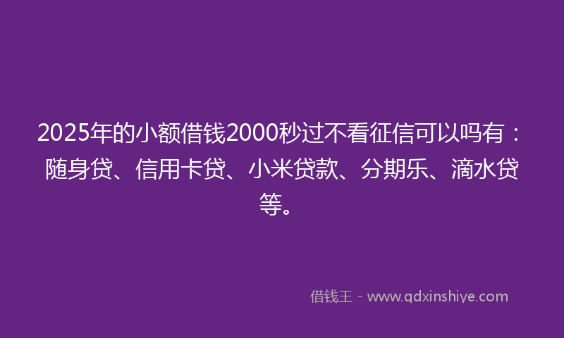 2025年的小额借钱2000秒过不看征信可以吗有：随身贷、信用卡贷、小米贷款、分期乐、滴水贷等。