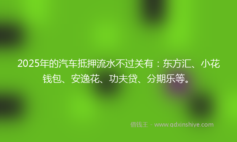 2025年的汽车抵押流水不过关有：东方汇、小花钱包、安逸花、功夫贷、分期乐等。