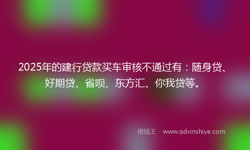 2025年的建行贷款买车审核不通过有：随身贷、好期贷、省呗、东方汇、你我贷等。