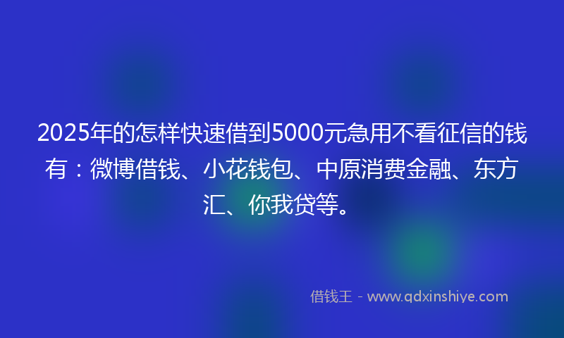 2025年的怎样快速借到5000元急用不看征信的钱有：微博借钱、小花钱包、中原消费金融、东方汇、你我贷等。