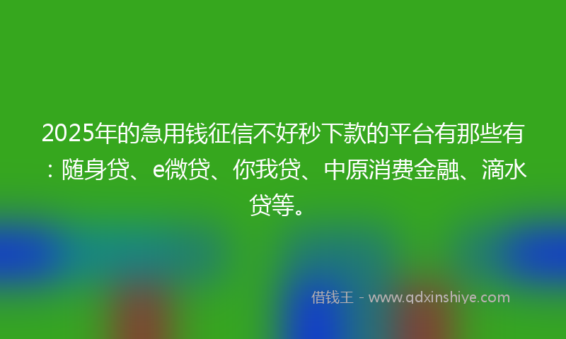 2025年的急用钱征信不好秒下款的平台有那些有：随身贷、e微贷、你我贷、中原消费金融、滴水贷等。