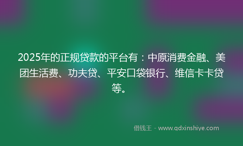 2025年的正规贷款的平台有：中原消费金融、美团生活费、功夫贷、平安口袋银行、维信卡卡贷等。