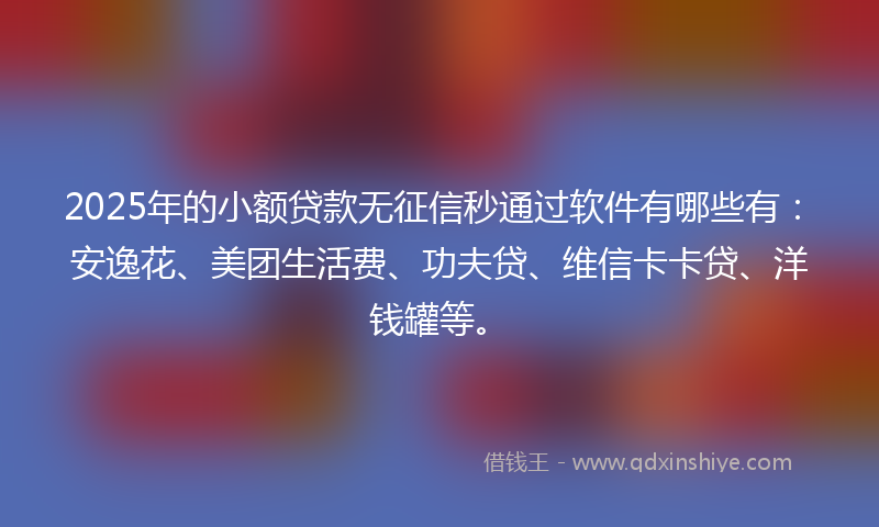 2025年的小额贷款无征信秒通过软件有哪些有：安逸花、美团生活费、功夫贷、维信卡卡贷、洋钱罐等。