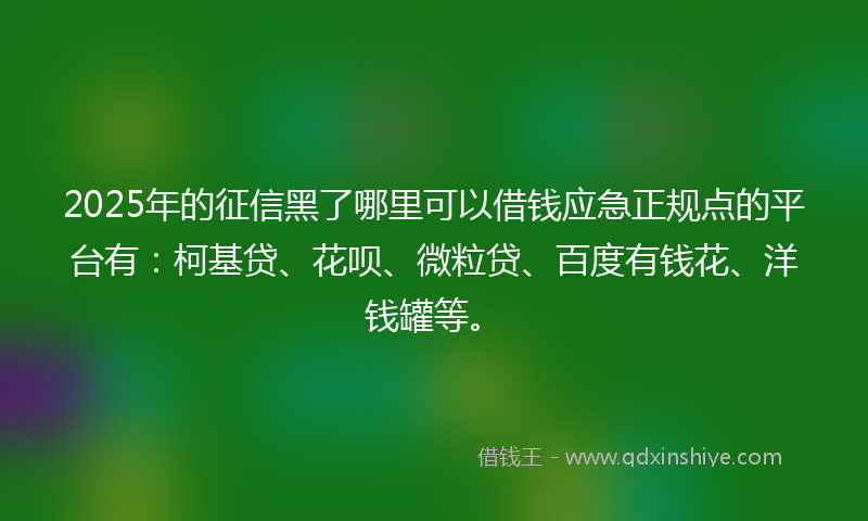 2025年的征信黑了哪里可以借钱应急正规点的平台有：柯基贷、花呗、微粒贷、百度有钱花、洋钱罐等。