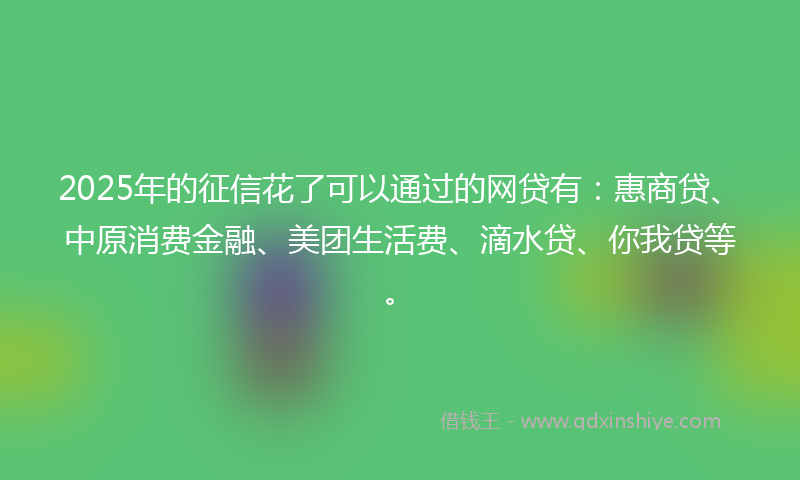 2025年的征信花了可以通过的网贷有：惠商贷、中原消费金融、美团生活费、滴水贷、你我贷等。