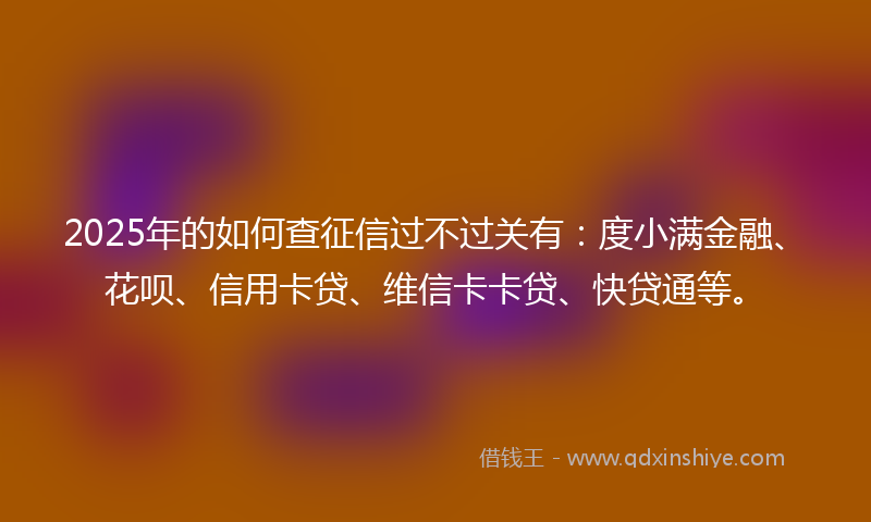 2025年的如何查征信过不过关有：度小满金融、花呗、信用卡贷、维信卡卡贷、快贷通等。