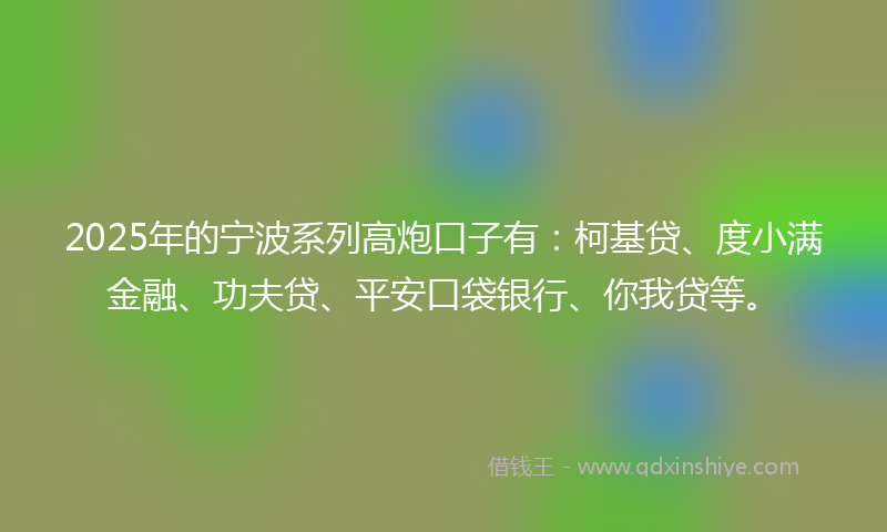 2025年的宁波系列高炮口子有：柯基贷、度小满金融、功夫贷、平安口袋银行、你我贷等。