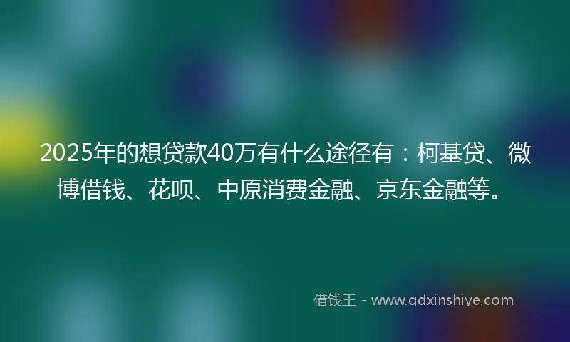 2025年的想贷款40万有什么途径有：柯基贷、微博借钱、花呗、中原消费金融、京东金融等。