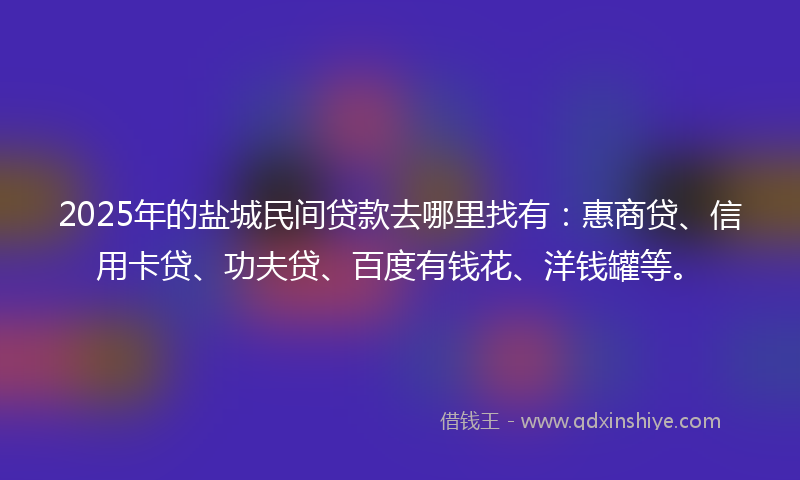2025年的盐城民间贷款去哪里找有：惠商贷、信用卡贷、功夫贷、百度有钱花、洋钱罐等。