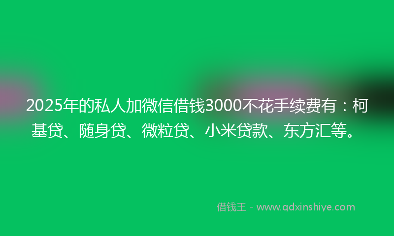 2025年的私人加微信借钱3000不花手续费有：柯基贷、随身贷、微粒贷、小米贷款、东方汇等。