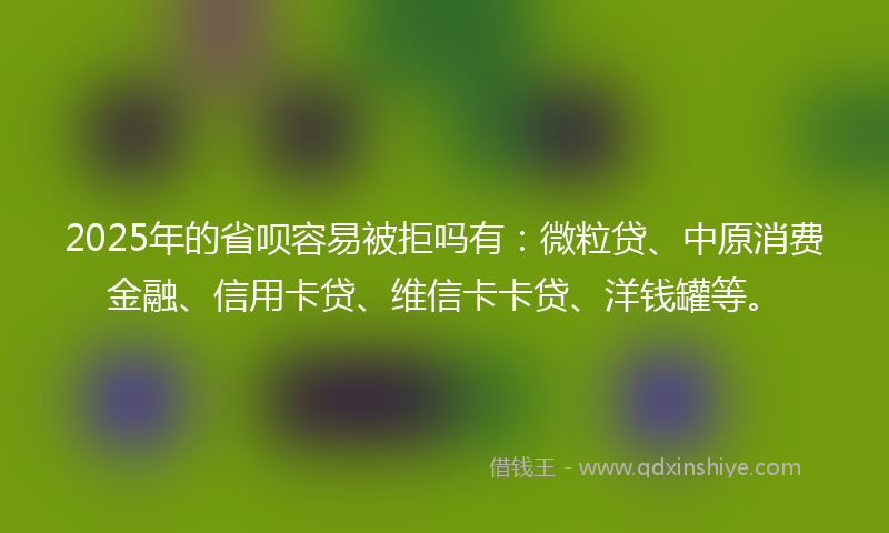 2025年的省呗容易被拒吗有：微粒贷、中原消费金融、信用卡贷、维信卡卡贷、洋钱罐等。