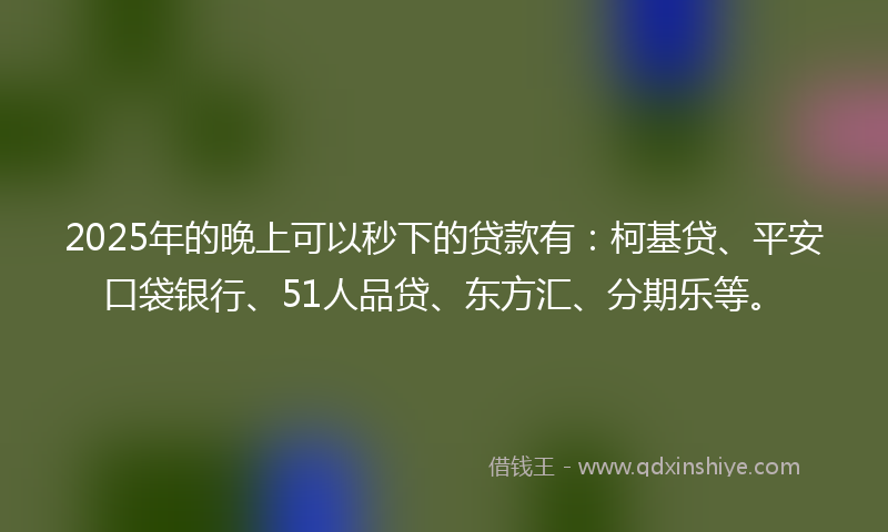 2025年的晚上可以秒下的贷款有：柯基贷、平安口袋银行、51人品贷、东方汇、分期乐等。