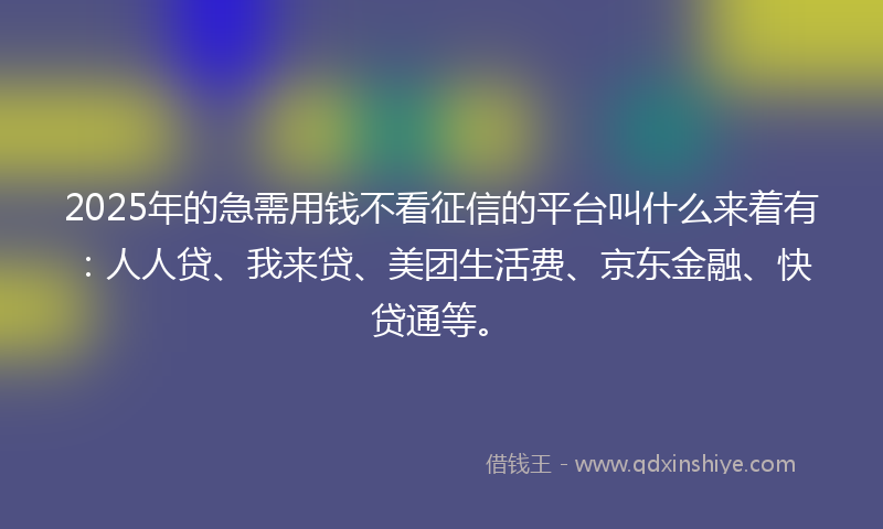 2025年的急需用钱不看征信的平台叫什么来着有：人人贷、我来贷、美团生活费、京东金融、快贷通等。