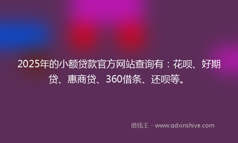 2025年的小额贷款官方网站查询有：花呗、好期贷、惠商贷、360借条、还呗等。