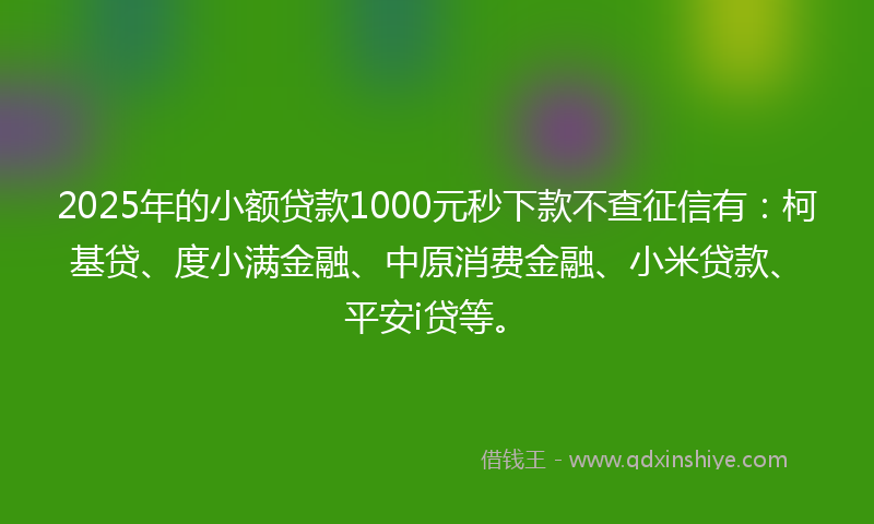 2025年的小额贷款1000元秒下款不查征信有：柯基贷、度小满金融、中原消费金融、小米贷款、平安i贷等。
