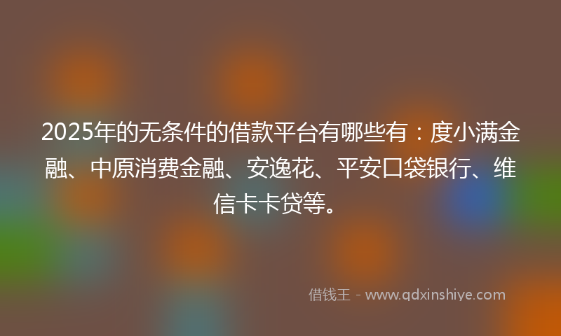 2025年的无条件的借款平台有哪些有：度小满金融、中原消费金融、安逸花、平安口袋银行、维信卡卡贷等。