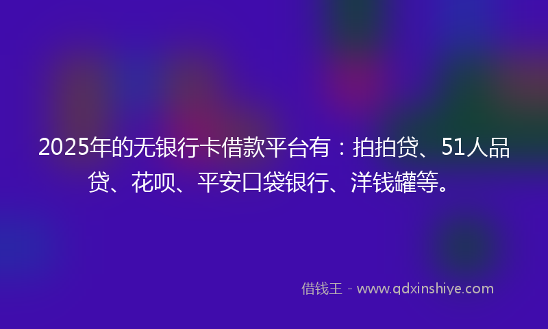 2025年的无银行卡借款平台有：拍拍贷、51人品贷、花呗、平安口袋银行、洋钱罐等。