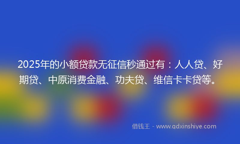 2025年的小额贷款无征信秒通过有:人人贷、好期贷、中原消费金融、功夫贷、维信卡卡贷等。