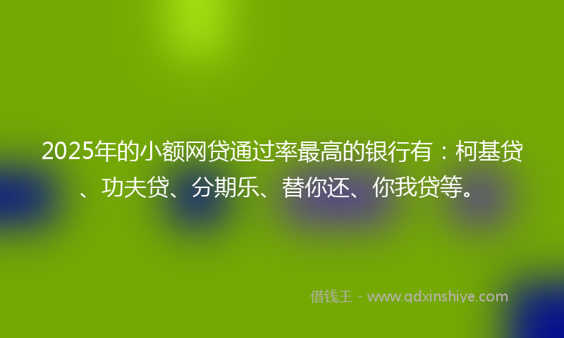 2025年的小额网贷通过率最高的银行有：柯基贷、功夫贷、分期乐、替你还、你我贷等。