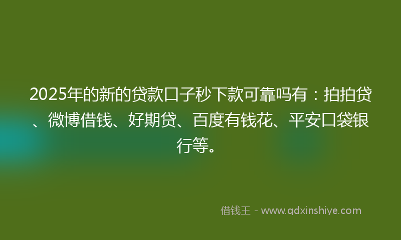 2025年的新的贷款口子秒下款可靠吗有：拍拍贷、微博借钱、好期贷、百度有钱花、平安口袋银行等。