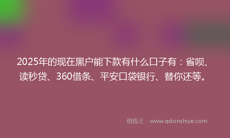 2025年的现在黑户能下款有什么口子有：省呗、读秒贷、360借条、平安口袋银行、替你还等。