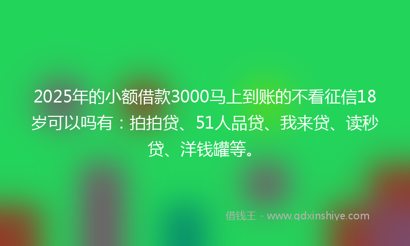 2025年的小额借款3000马上到账的不看征信18岁可以吗有：拍拍贷、51人品贷、我来贷、读秒贷、洋钱罐等。