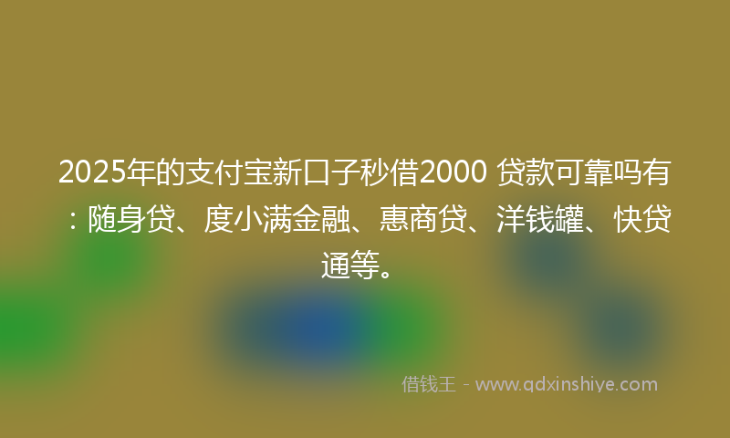 2025年的支付宝新口子秒借2000 贷款可靠吗有：随身贷、度小满金融、惠商贷、洋钱罐、快贷通等。
