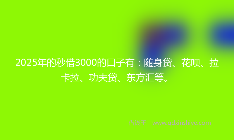 2025年的秒借3000的口子有：随身贷、花呗、拉卡拉、功夫贷、东方汇等。