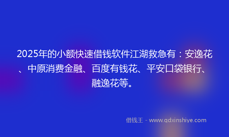 2025年的小额快速借钱软件江湖救急有：安逸花、中原消费金融、百度有钱花、平安口袋银行、融逸花等。