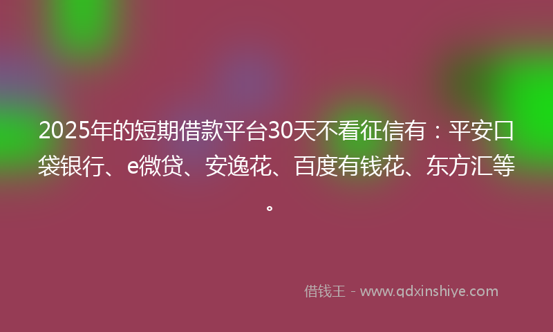 2025年的短期借款平台30天不看征信有：平安口袋银行、e微贷、安逸花、百度有钱花、东方汇等。