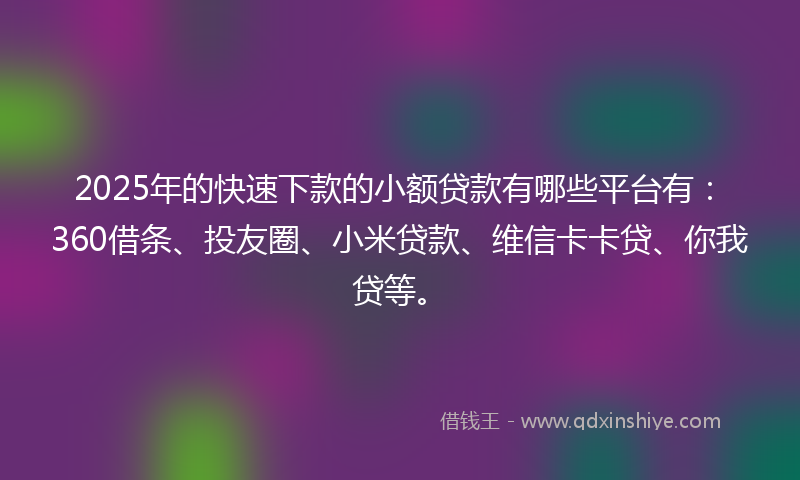 2025年的快速下款的小额贷款有哪些平台有：360借条、投友圈、小米贷款、维信卡卡贷、你我贷等。